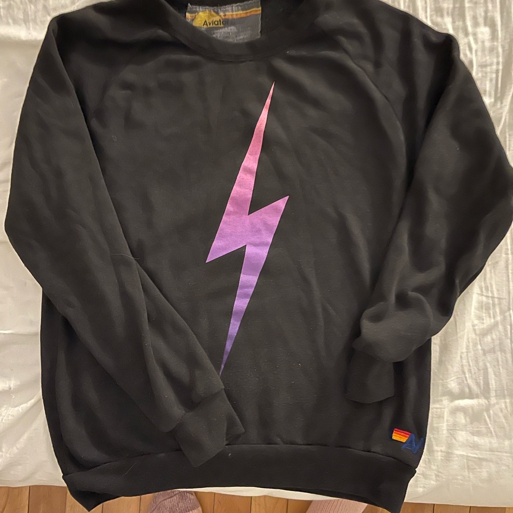 Aviator Nation Black Sweater with Purple Lightning Bolt